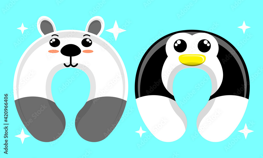 Obraz premium Illustration vector graphic cartoon character of patterned neck pillow of polar bear and penguin. Suitable for the design of children's neck pillow products