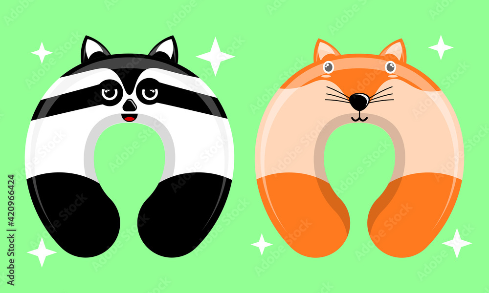 Obraz premium Illustration vector graphic cartoon character of patterned neck pillow of raccoon and wolf. Suitable for the design of children's neck pillow products