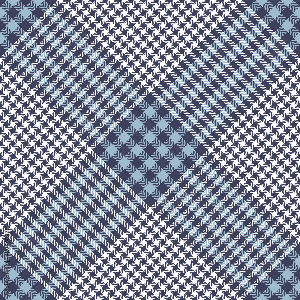 Plaid pattern glen in blue, grey, white. Seamless tweed check herringbone textured tartan background vector graphic for skirt, blanket, duvet cover, other spring summer autumn fashion fabric design.