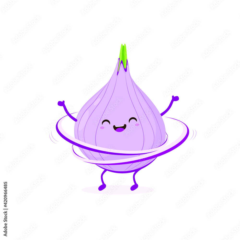 Cute Onion Character. Red Cartoon onion make fitness exercise with hula-hoop isolated in white background. Kawaii vegetable character. Cute Onion Character. Red Cartoon onion make fitness exercise with hula-hoop isolated in white background. Kawaii vegetable character.