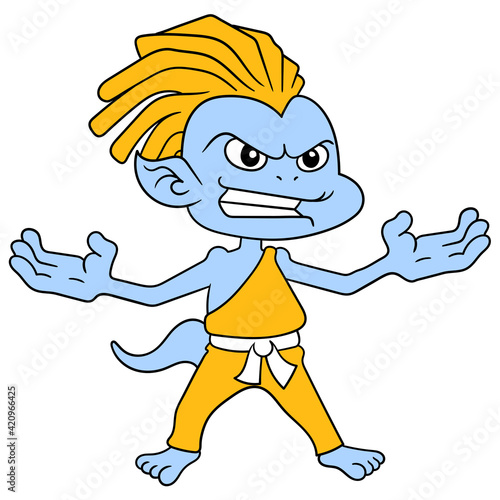 monster faced arrogant martial arts expert, doodle icon image kawaii