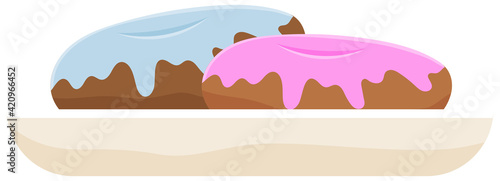 Donuts on plate isolated on white background. Multicolored glossy donuts with pink and blue glaze