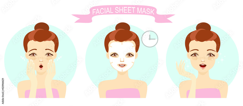 Skin care steps with beautiful cartoon girl. Process of applying facial sheet mask. Kawaii cartoon style. Vector illustrations set. Skin care steps with beautiful cartoon girl. Process of applying facial sheet mask. Kawaii cartoon style. Vector illustrations set.