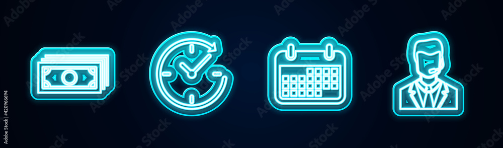 Set line Stacks paper money cash, Clock with arrow, Calendar and Man headset. Glowing neon icon. Vector Set line Stacks paper money cash, Clock with arrow, Calendar and Man headset. Glowing neon icon. Vector
