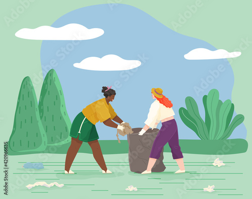 Girls remove paper waste from meadow or glade. Female characters throwing trash to rubbish bag