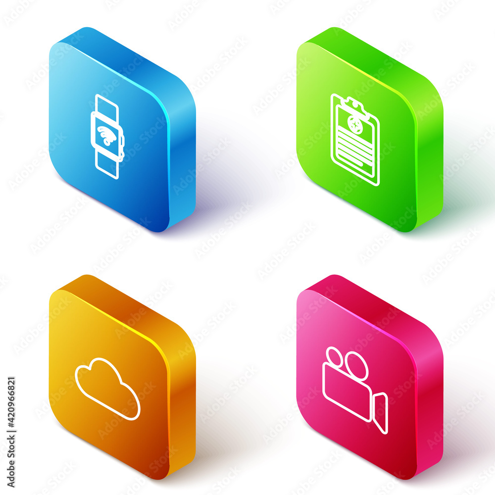 Set Isometric line Smartwatch with wireless, Clinical record, Cloud and Movie Video camera icon. Vector Set Isometric line Smartwatch with wireless, Clinical record, Cloud and Movie Video camera icon. Vector