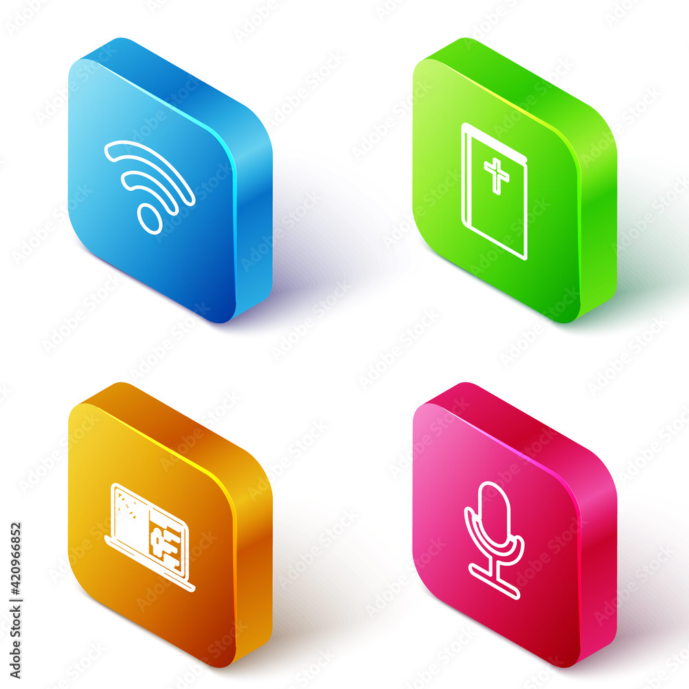 Set Isometric line Wi-Fi wireless network, Holy bible book, Medical clinical record and Microphone icon. Vector Set Isometric line Wi-Fi wireless network, Holy bible book, Medical clinical record and Microphone icon. Vector