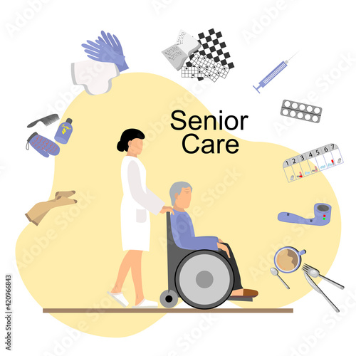 Senior care. Old man in a wheelchair and a nurse. Icons of items for the care of the elderly. Stock vector illustration. Cartoon.Concept of elderly care.