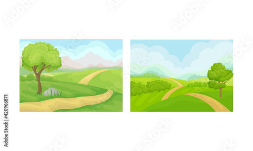 Winding Country Road and Green Landscape Vector Set