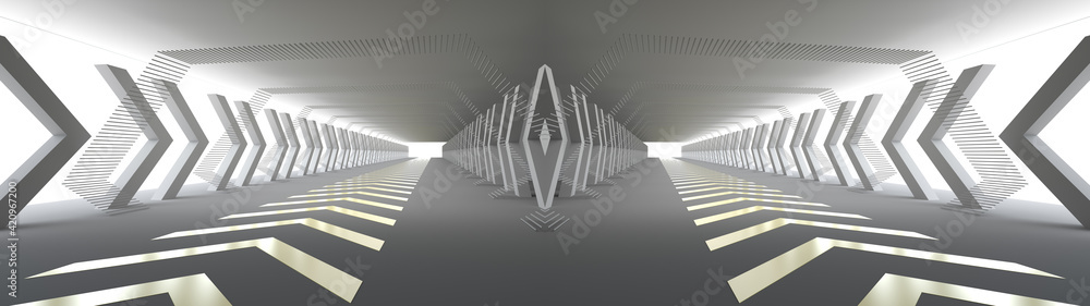 3D rendering of white empty room space and the pathway area indefinitely with the gap glowing in the dark and shadow. Museum space design. Forward arrow symbol and the gap, On the white floor. 3D rendering of white empty room space and the pathway area indefinitely with the gap glowing in the dark and shadow. Museum space design. Forward arrow symbol and the gap, On the white floor.