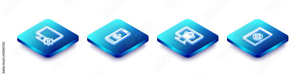 Set Isometric line Computer monitor and gear, Smartphone with download, Monitor shopping basket and Medical book icon. Vector Set Isometric line Computer monitor and gear, Smartphone with download, Monitor shopping basket and Medical book icon. Vector