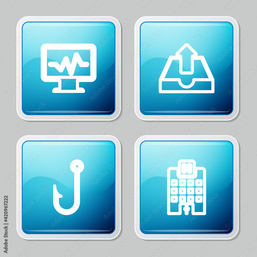 Set line Monitor with cardiogram, Upload inbox, Fishing hook and Medical hospital building icon. Vector Set line Monitor with cardiogram, Upload inbox, Fishing hook and Medical hospital building icon. Vector