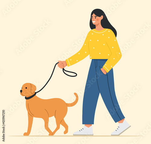 Young girl walking with her cute dog. Happy pet owner. Adorable labrador retriever. Flat vector illustration. 