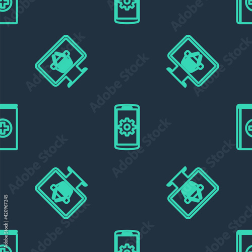 Set line Setting on smartphone, Monitor with shopping basket and Medical book on seamless pattern. Vector