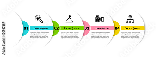 Set line Magnifying glass and analysis, Mountains flag, POS terminal and Lead management. Business infographic template. Vector