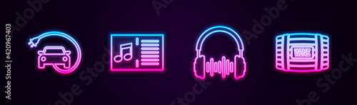 Set line Electric car, Music book with note, Headphone and sound waves and Wooden barrel for wine. Glowing neon icon. Vector