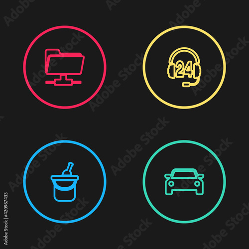 Set line Bottle of wine in bucket, Car, Headphone for support and FTP folder icon. Vector