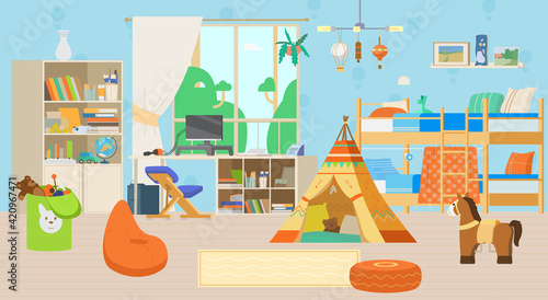 Cozy Children's Room Interior Flat Vector Illustration. Wooden Furniture, Bunk Bed, Bookcase, Working Place With Computer And Ergonomic Kneeling Chair, Wigwam, Ponycycle, Toys And Decorations.