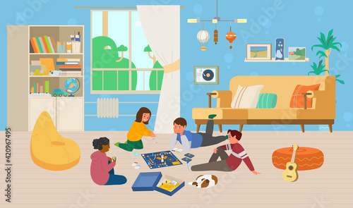 Children Playing Board Game on The Floor In The Children's Room Vector Illustration. Kid's Room Interior.
