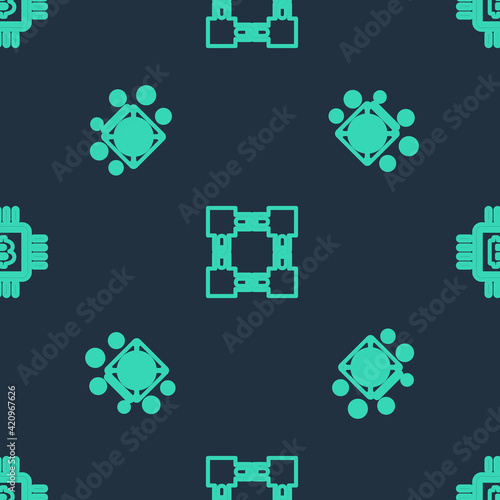 Set line Blockchain technology, ASIC Miner and CPU mining farm on seamless pattern. Vector