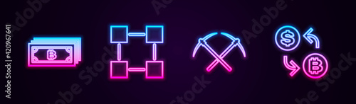 Set line Cryptocurrency bitcoin, Blockchain technology, Crossed pickaxe and exchange. Glowing neon icon. Vector