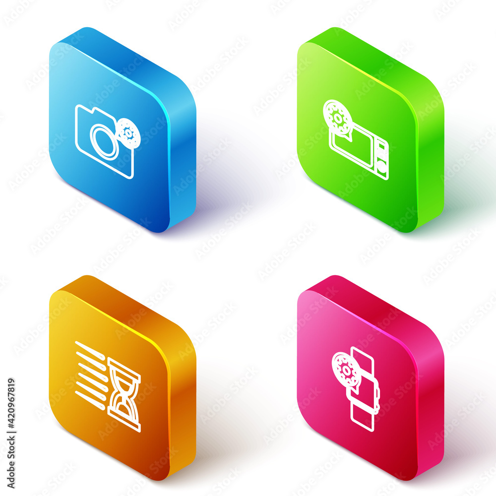 Set Isometric line Photo camera setting, Microwave oven, Old hourglass with sand and Smartwatch icon. Vector Set Isometric line Photo camera setting, Microwave oven, Old hourglass with sand and Smartwatch icon. Vector