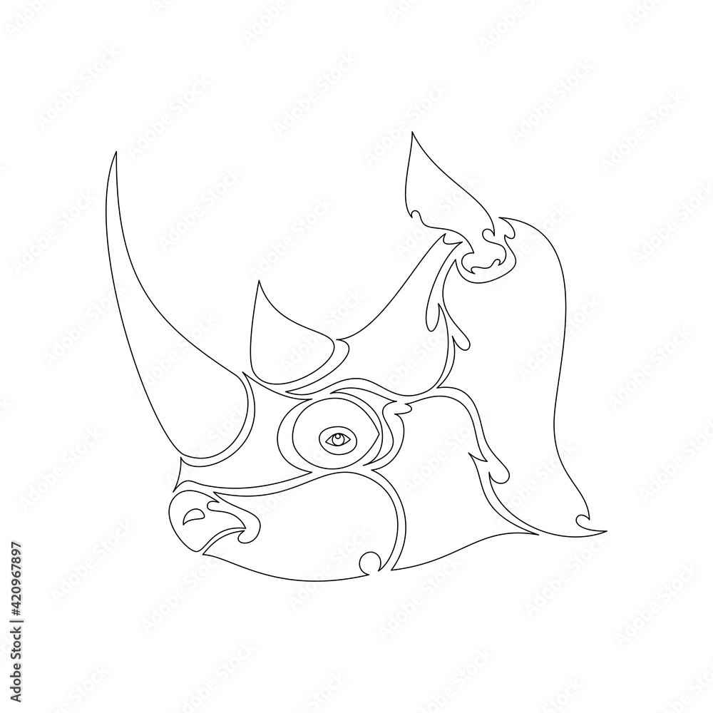 Hand-drawn abstract portrait of a rhinoceros for tattoo, logo, wall decor, T-shirt print design or outwear. Vector stylized illustration on white background. Hand-drawn abstract portrait of a rhinoceros for tattoo, logo, wall decor, T-shirt print design or outwear. Vector stylized illustration on white background.