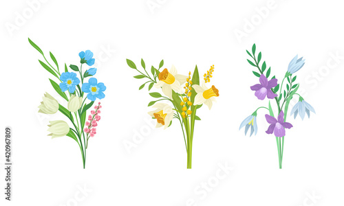 Bunch of Spring Flowers with Fragrant Blossom on Green Stem Vector Set