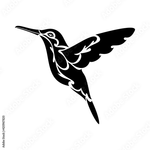 Hand-drawn abstract portrait of a hummingbird for tattoo, logo, wall decor, T-shirt print design or outwear. Vector stylized illustration on white background.