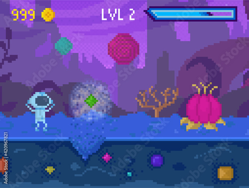 Character walks along road and collects crystals. Alien looks through helmet on strange plant