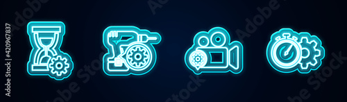 Set line Hourglass setting, Drill machine, Video camera and Time management. Glowing neon icon. Vector