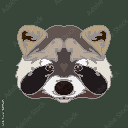 Hand-drawn abstract portrait of a raccoon for tattoo, logo, wall decor, T-shirt print design or outwear. Colorful vector stylized illustration on green background.