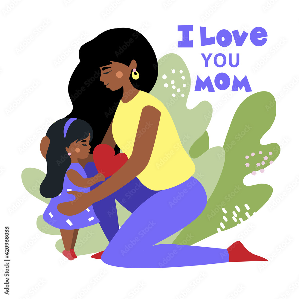 Beautiful woman afro american with daughter. Happy Mother's Day holiday concept. Vector flat style illustration