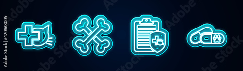 Set line Veterinary clinic, Crossed bones, Clinical record pet and Dog and pills. Glowing neon icon. Vector