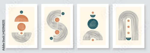 Mid Century Modern Design. A trendy set of Abstract Hand Painted Illustrations for Wall Decoration, Social Media Banner, Brochure Cover Design or Postcard Background. Aesthetic watercolor