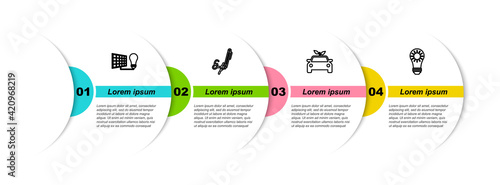 Set line Solar energy panel and light bulb, Signature, Eco car concept drive and . Business infographic template. Vector