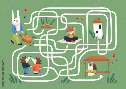 Kids maze game with cute animals in nature. Childish labyrinth puzzle with paths. Logical quest for children's learning and entertainment. Colored flat vector illustration of map with roads