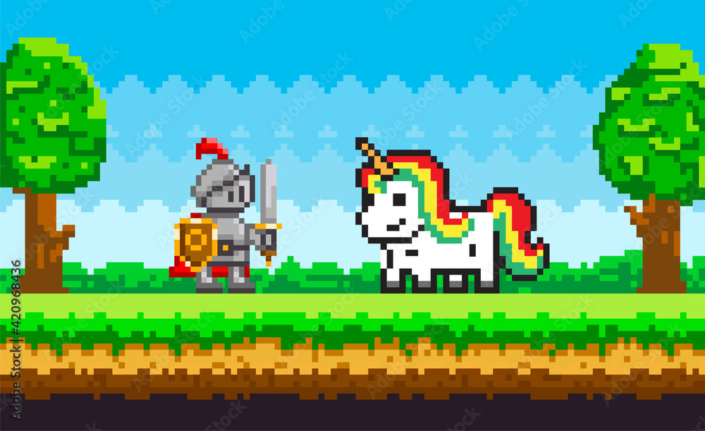 Fototapeta premium Rainbow unicorn and knight in armor pixel art in nature landscape background, fairytale characters