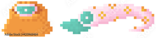 Fantasy game with alien with severed tentacle. Dead pixelated monster, creature without limb