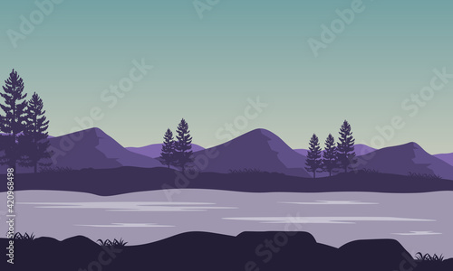 Fototapeta Naklejka Na Ścianę i Meble -  Cool morning atmosphere with beautiful mountain views from the river bank. Vector illustration