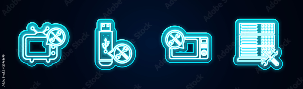 Set line Tv service, USB flash drive, Microwave oven and Database server. Glowing neon icon. Vector Set line Tv service, USB flash drive, Microwave oven and Database server. Glowing neon icon. Vector