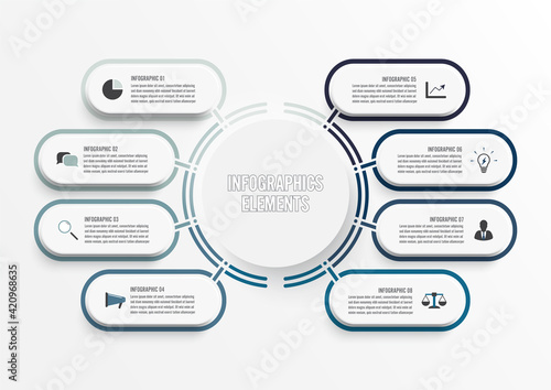 Vector infographic template with 3D paper label, integrated circles. Business concept with 8 options. For content, diagram, flowchart, steps, parts, timeline infographics, workflow, chart.