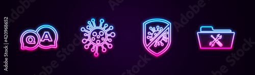 Set line Question and Answer, Bacteria, Stop virus, bacteria and Folder service. Glowing neon icon. Vector