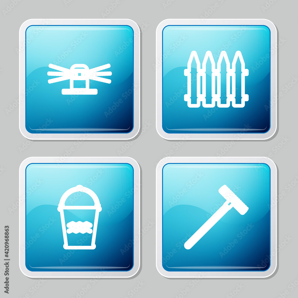 Set line Automatic irrigation sprinklers, Garden fence, Bucket and rake icon. Vector Set line Automatic irrigation sprinklers, Garden fence, Bucket and rake icon. Vector