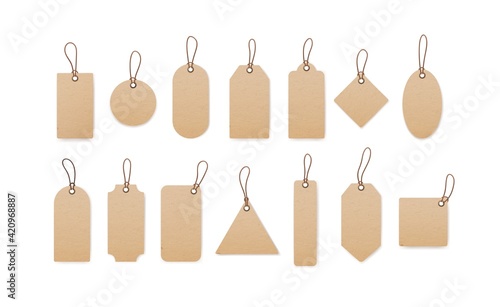 Realistic craft carton paper price tags of different shapes isolated on white background. Blank cardboard shopping labels with strings. Vector illustration of empty sale kraft tabs hanging on twine