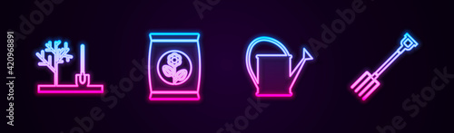 Set line Planting tree in the ground, Fertilizer bag, Watering can and Garden pitchfork. Glowing neon icon. Vector