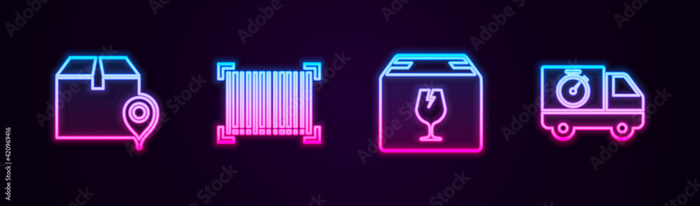 Set line Location with cardboard box, Barcode, Delivery fragile content and truck and stopwatch. Glowing neon icon. Vector Set line Location with cardboard box, Barcode, Delivery fragile content and truck and stopwatch. Glowing neon icon. Vector