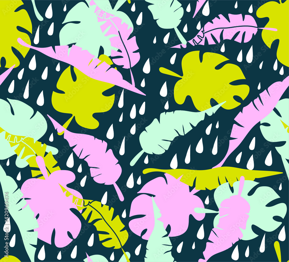 Vector seamless pattern with
 monstera leaves and hand drawn banana branches. Trendy and trendy tropical plant print for boys and girls. Illustration for envelopes, textiles, clothes, notebooks