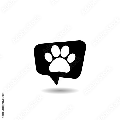 Pets care icon. Paw in speech bubble with shadow