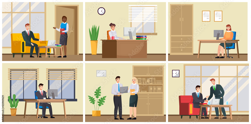 Business characters working in office workplace. Meeting teamwork, collaboration and discussion Business characters working in office workplace. Meeting teamwork, collaboration and discussion